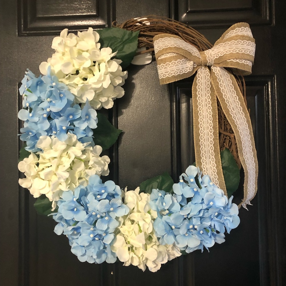 White and blue hydrangeas farmhouse door wreath